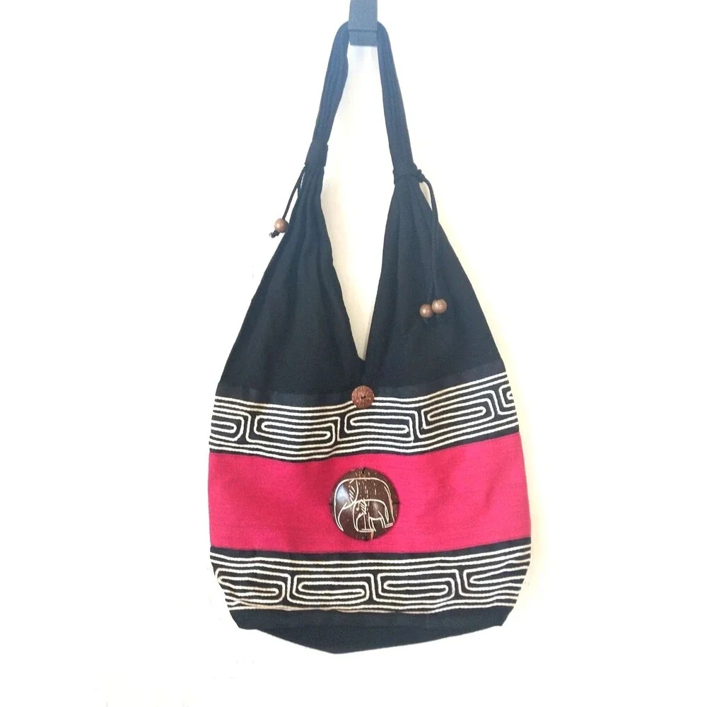 Boho India Hobo Sak Bag Cotton Retro Women's Bead Accent Black/Pink/White
